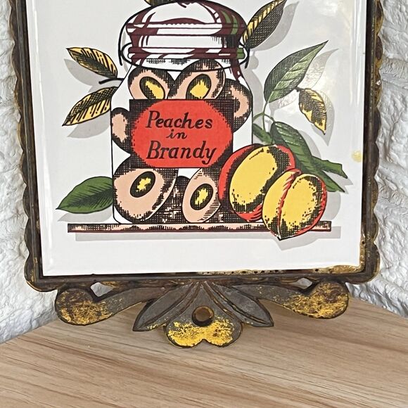 VTG Cast Iron Ceramic Tile Footed Trivet PEACHES in Brandy Rustic MCM Farmhouse - Picture 13 of 13